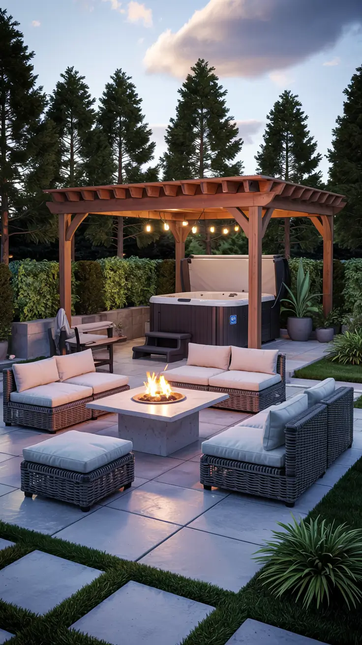 Patio with Fire Pit 2026: Backyard Design Ideas with Pergola, Hot Tub & Dining Area