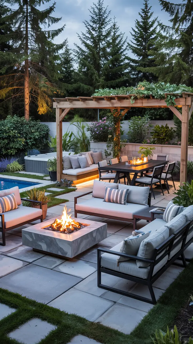 Patio with Fire Pit 2026: Backyard Design Ideas with Pergola, Hot Tub & Dining Area
